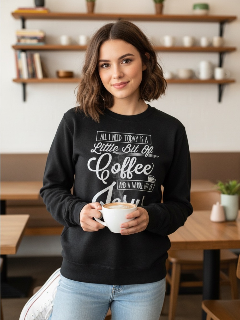 Anvil Black Crewneck Sweatshirt with White Coffee Graphic